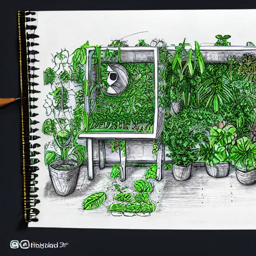 Image similar to annotated highly, detailed and intricate, sketch of a cubicle full of green plants, marker concept art style rendering, concept art, half blueprint, trending on artstation, intricate details, center frame, annotations