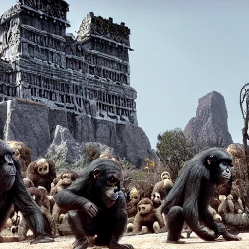 Prompt: ancient fortress city of the apes, Tim Burton