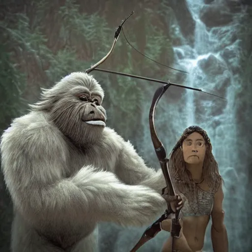 Image similar to a high detailed realistic photo of a yeti and sasquatch archers