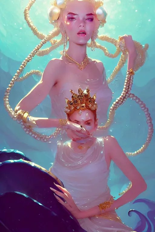 Image similar to portrait of a beautiful queen of the ocean with pearl and gold and crystal jewelry in complex and shiny dress made by jellyfish, by ross tran and atey ghailan, by greg rutkowski, by greg tocchini, by james gilleard, by joe fenton, by kaethe butcher, dynamic lighting, grunge aesthetic