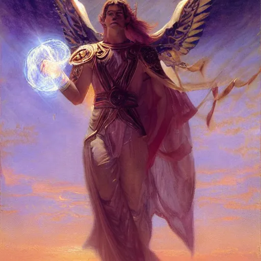 Image similar to attractive male deity casts light spell, summons attractive male lucifer morningstar. highly detailed painting by gaston bussiere, craig mullins, j. c. leyendecker 8 k