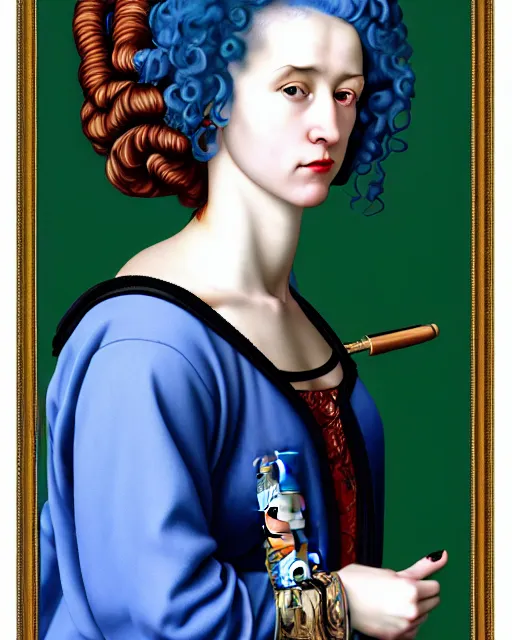 Image similar to photorealistic portrait of a woman with blue hair and big hair hair curlers, wearing a baggy pajamas, intricate details, highly detailed, in the style of rogier van der weyden and jacopo da pontormo, punk, masterpiece