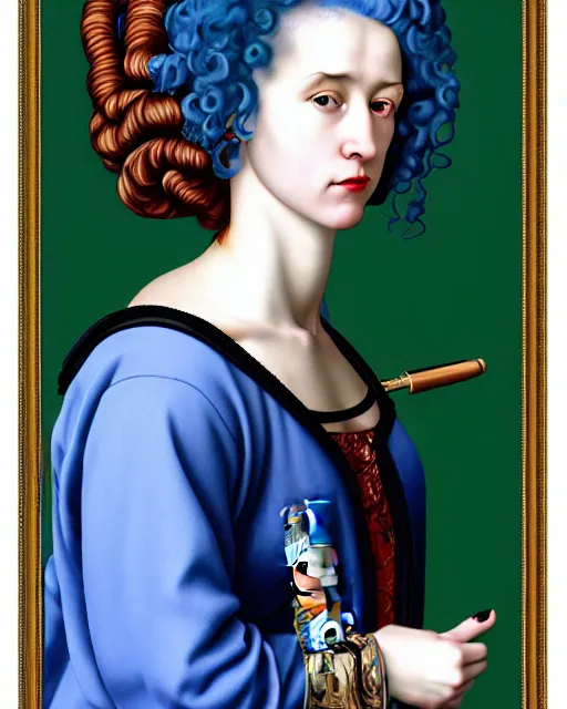 Prompt: photorealistic portrait of a woman with blue hair and big hair hair curlers, wearing a baggy pajamas, intricate details, highly detailed, in the style of rogier van der weyden and jacopo da pontormo, punk, masterpiece