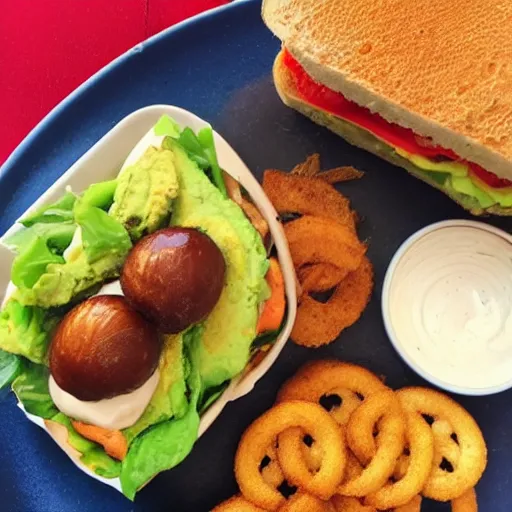 Prompt: sandwich with fried tofu, one red tomato slice, mayonnaise, one fried onion ring, smashed avocado, melted cheddar, in a red dish, background with saturn and stars in the sky