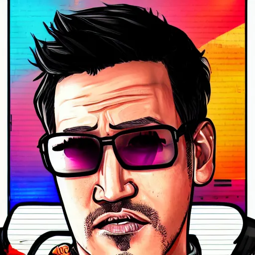 Image similar to Markiplier in a GTA 5 cover art style, highly detailed, trending on art station