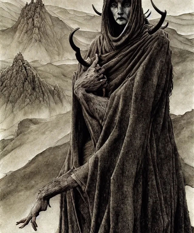 Image similar to A detailed horned goatwoman stands among the hills. Wearing a ripped mantle, robe. Perfect faces, extremely high details, realistic, fantasy art, solo, masterpiece, art by Zdzisław Beksiński, Arthur Rackham, Dariusz Zawadzki