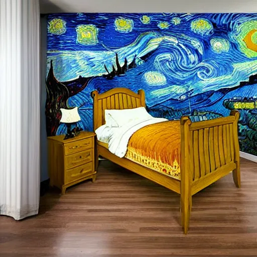 Prompt: a cozy bedroom interior with wall murals painted by van gogh, detailed, high resolution, wow!, intricate