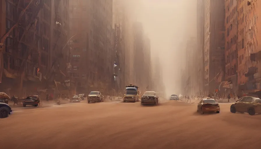Image similar to new - york city streets under tons of sand during sandstorm, people fleeing, hyperdetailed, artstation, cgsociety, 8 k