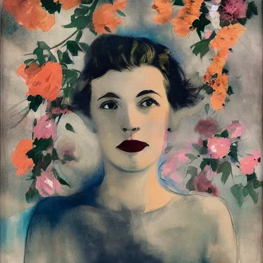 Prompt: incredible by gerda taro, by malcolm liepke. this illustration is a large canvas, covered in a wash of color. in the center is a cluster of flowers, their petals curling & twisting in on themselves. the effect is ethereal & dreamlike, & the overall effect is one of serenity & peace.