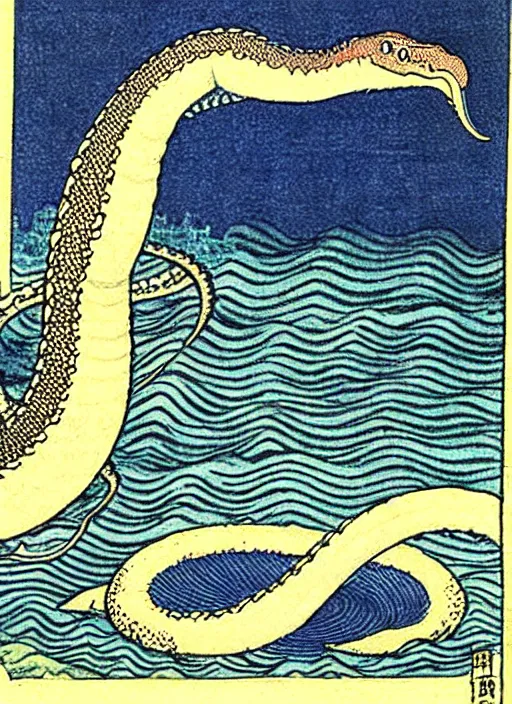 Prompt: the loch ness monster, plesiosaur, as a yokai illustrated by kawanabe kyosai and toriyama sekien