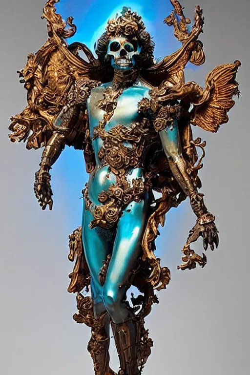 Image similar to a young handsome Spanish metal android with a large glowing blue lit crystal in the center of his chest, full-body bronze cyberpunk style statue of Icarus with glowing blue eyes, crown of mechanical peach roses, flowing teal-colored silk, fabric, steampunk flowers. baroque elements, human skull. full-length view. baroque element. intricate artwork by caravaggio. many flying horses on background. Trending on artstation, octane render, cinematic lighting from the right, hyper realism, octane render, 8k, depth of field, 3D