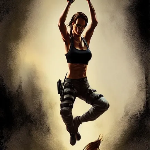 Image similar to Lara Croft doing a backflip, painted by Mark Brooks and Charlie Bowater