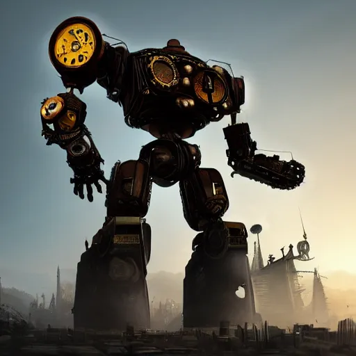 Prompt: a giant steampunk robot, extremely detailed, cinematic lighting, intense, ominous, massive, steam,