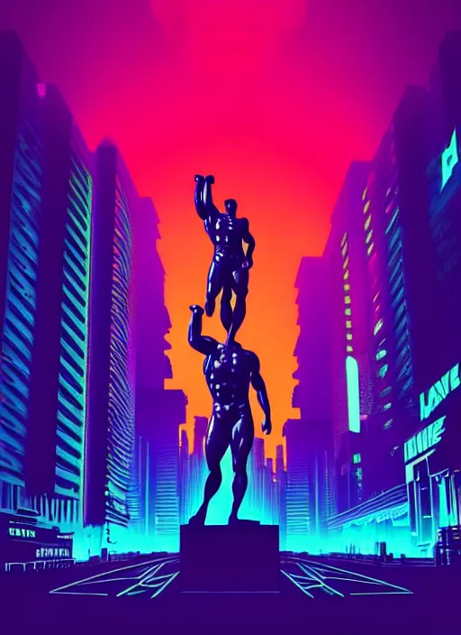 Image similar to statue of hercules, beeple, android jones, liam wong, ( ( ( ( ( dan mumford ) ) ) ) ), vaporwave, retrowave, black background, neon wiring, black, glitch, strong contrast, cuts, pinterest, trending on artstation