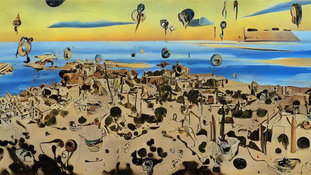 Prompt: High-Quality surrealist painting of Empuries, peaceful, very detailed, oil painting by Salvador Dalí.