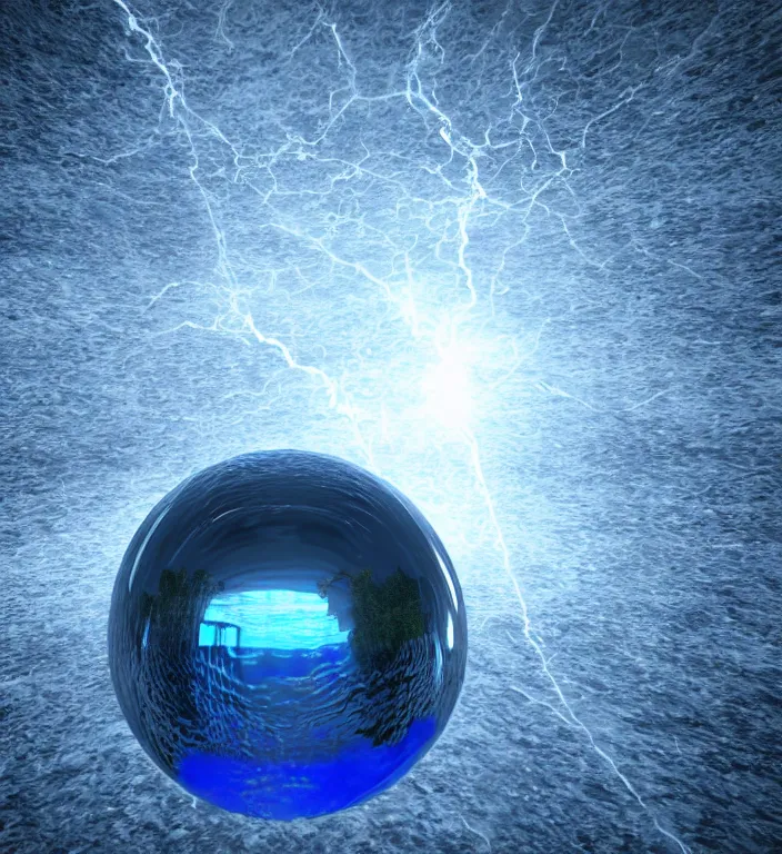 Image similar to a blue ball in water + god rays + dramatic lightning + backlit + specular highlights + ambient occlusion + global illumination + bump map + reflective + caustics + refractive + unreal engine 5 + DOF + sharp focus