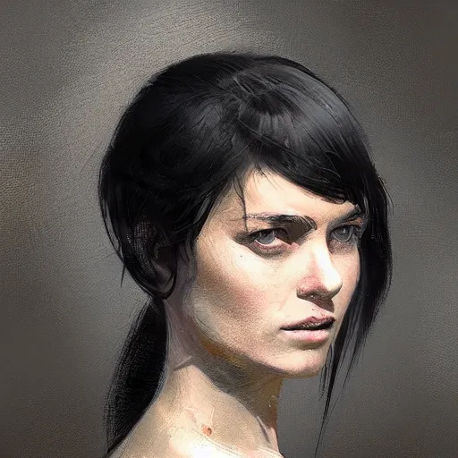 Image similar to Portrait of a woman by Greg Rutkowski, she is about 20 years old, round face, mixture between german and russian, black bob hair, attractive, determined but resentful look, she is wearing futuristic military fatigues with a black scarf, highly detailed portrait, scifi, digital painting, artstation, concept art, smooth, sharp foccus ilustration, Artstation HQ.