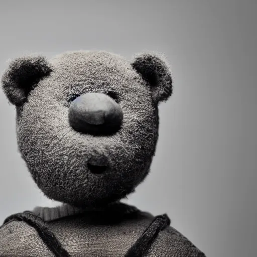 Prompt: Portrait studio photograph of Kanye West as a anthropomorphic teddy bear, close up, shallow depth of field, in the style of Felice Beato, Noir film still, 40mm