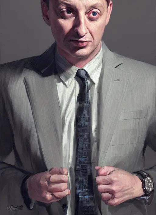 Image similar to portrait of Tim Robinson from I Think You Should Leave (2019), highly detailed, centered, solid color background, digital painting, artstation, concept art, smooth, sharp focus, illustration, donato giancola, Joseph Christian Leyendecker, Les Edwards, Ed Repka, WLOP, Artgerm