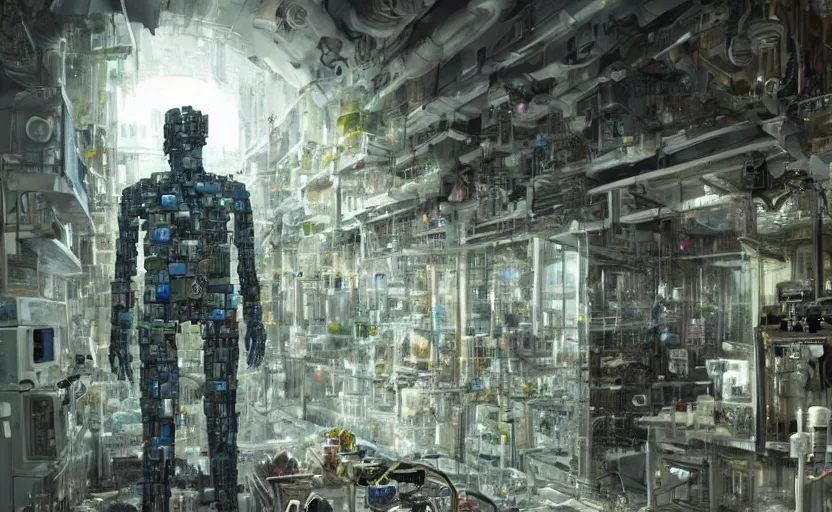 Prompt: a man made entirely of computers fused with his surroundings in a laboratory in the style of Greg rutkowski