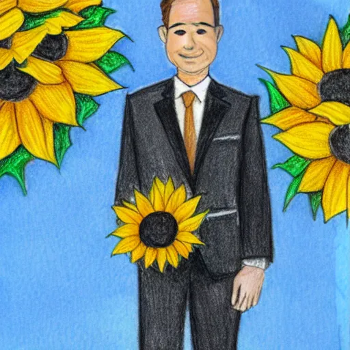 Image similar to full body shot of a man with a sunflower instead of a head wearing a business suit, color pencil sketch