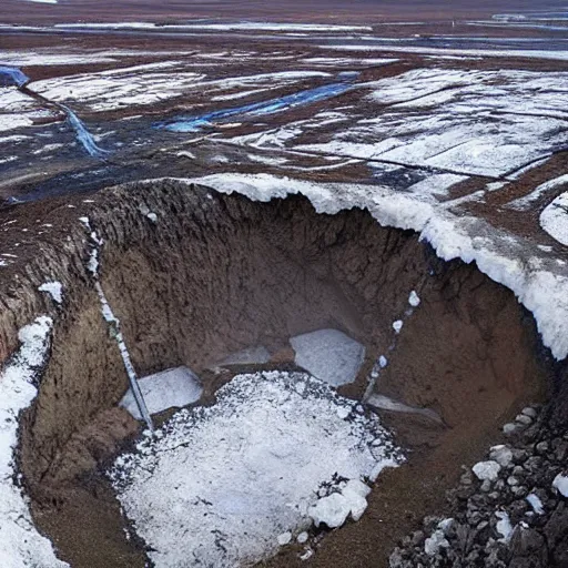 Image similar to helicopter shot of gigantic permafrost sinkhole, collapsing ground, disaster movie