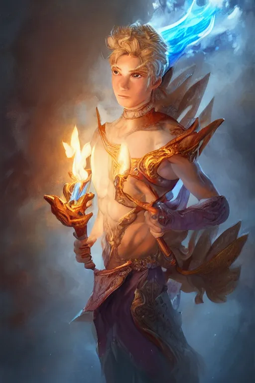 Image similar to legendary fairy prince hold flame staff, blue energy, highly detailed, d & d, fantasy, highly detailed, digital painting, trending on artstation, concept art, sharp focus, illustration, global illumination, ray tracing, realistic shaded, art by artgerm and greg rutkowski and fuji choko and viktoria gavrilenko and hoang lap