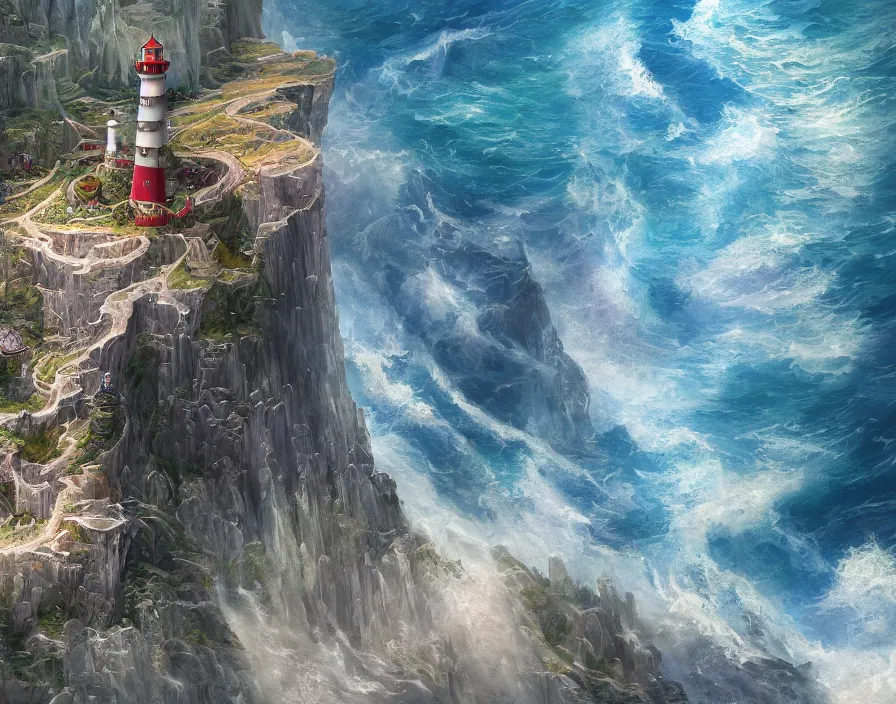 Image similar to fantasy painting of a lighthouse on the edge of a cliff overseeing a vast ocean, complex, detailed, intricate abstract. delicate artwork. by Tooth Wu, wlop, beeple, dan mumford. octane render, trending on artstation, greg rutkowski very coherent symmetrical artwork. cinematic, hyper realism, high detail, octane render, 8k, depth of field, bokeh. chrome accents.