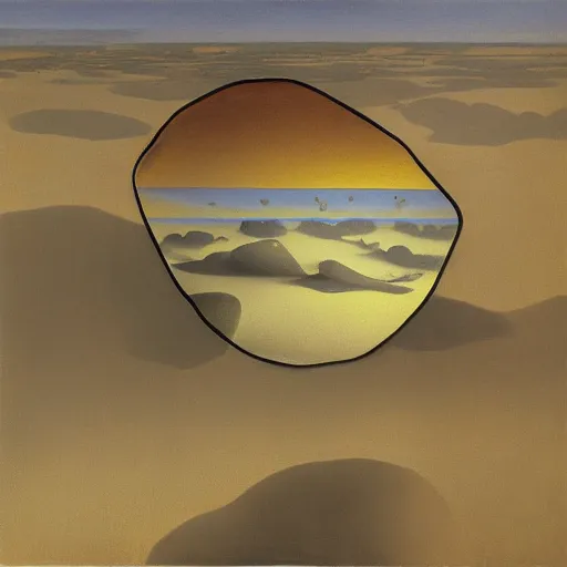 Prompt: Fragmented mirror in the desert. Sentient rocks. Painting by Yves Tanguy, Caspar David Friedrich