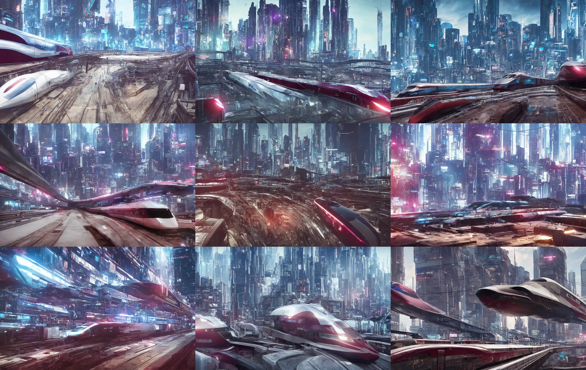 Prompt: modern concept art for a maglev train speeding though a city, soft lighting, 3d render, 8k, maroon and blue accents, metallic reflections, star citizen origin 100i, central focus, close up, cyberpunk 2077, skyline in background.