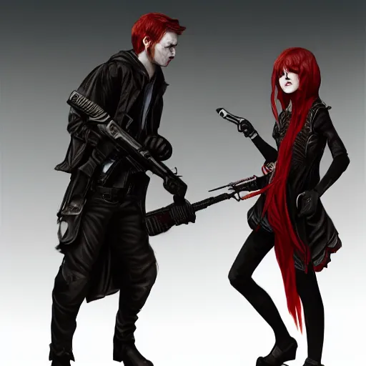 Image similar to a concept art of a boy and a girl with red hair holding a gun, gothic clothes, action shot, highly detailed, digital painting, artstation, concept art, smooth, sharp focus, illustration