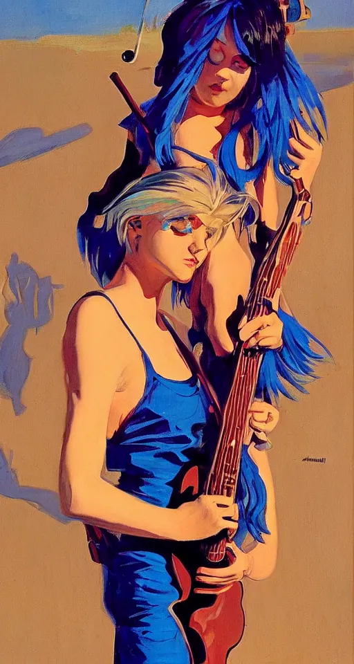 Image similar to portrait of a teenage rocker girl from the 9 0 s, blue hair, blue eyes, wielding a staff, in the style of joaquin sorolla, bill sienkiwicz, syd mead, atmospheric, detailed