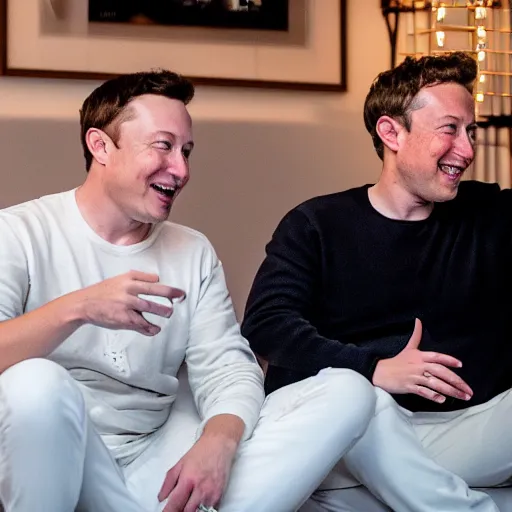 Image similar to elon musk & mark zuckerberg giggling while attending a private pajama party for celebrities only. cinematic 8 k, depth of field, bokeh.