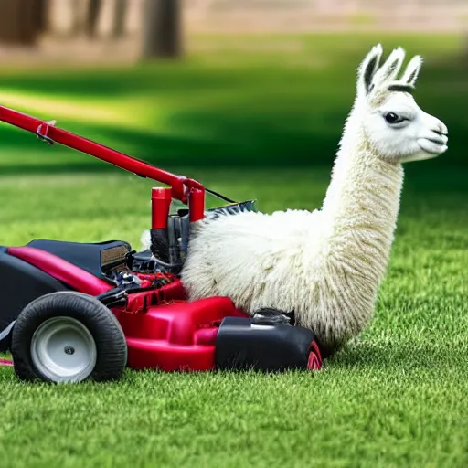 Prompt: llama using a lawn mower to mow the lawn