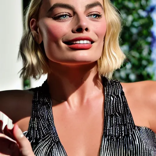 Image similar to a portrait of Margot Robbie blowing a kiss, detailed face