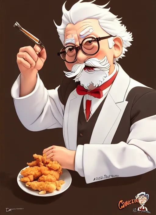 Image similar to cute colonel sanders eating fried chicken, natural lighting, path traced, highly detailed, high quality, digital painting, by don bluth and ross tran and studio ghibli and alphonse mucha, artgerm