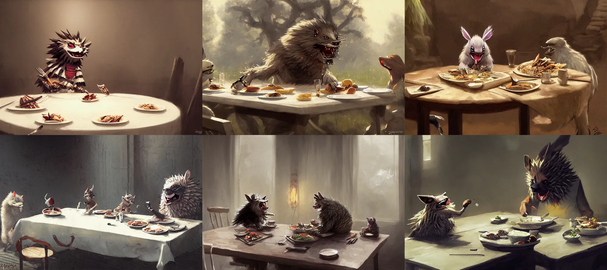 Prompt: zigzagoon eating dinner at a table happiness is temporary by greg rutkowski