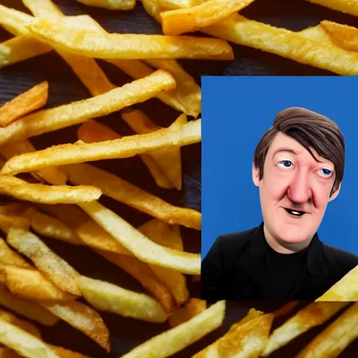 Image similar to photo of [ a single salted french fry chip ] shaped like that looks like stephen fry as a pixar character hybrid intercross mix cinematic lighting