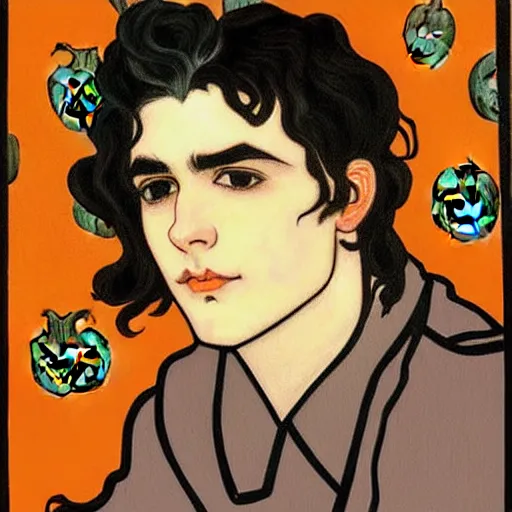 Image similar to painting of young cute handsome beautiful dark medium wavy hair man in his 2 0 s named shadow taehyung at the halloween pumpkin jack o'lantern party, depressed, melancholy, autumn, japan, elegant, clear, painting, stylized, delicate, soft facial features, delicate facial features, soft art, art by alphonse mucha, vincent van gogh, egon schiele