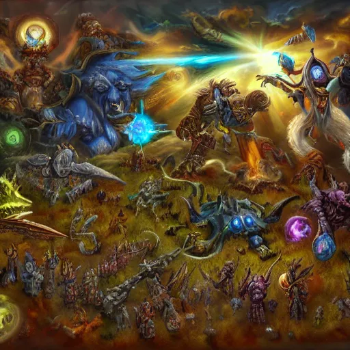 Image similar to an artistic depiction of the whole universe of world of warcraft, very detailed, high resolution, incredible art