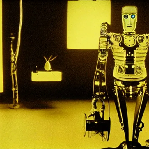 Image similar to movie still of robot dali, cinematic composition, cinematic light, criterion collection, by david lynch