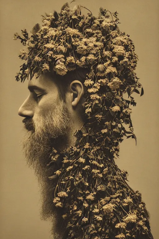 Prompt: a man's face in profile, long beard, made of flowers and fruit, in the style of the Dutch masters and Alec Soth, dark and moody