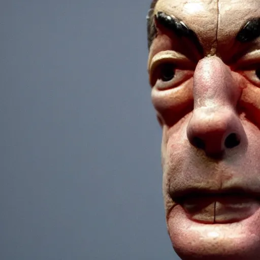 Image similar to Nigel Farage as a ventroquial figure, hinged jaw, wires, lacquered, glossy, cracked varnish