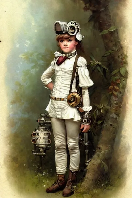 Image similar to ( ( ( ( ( 2 0 5 0 s retro future 1 0 year old adventurer in white jungle steampunk costume full portrait. muted colors. ) ) ) ) ) by jean - baptiste monge!!!!!!!!!!!!!!!!!!!!!!!!!!!!!!