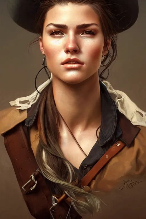 Image similar to photorealistic portrait of a young butch cowgirl woman, handsome, female, masculine, upper body, fantasy, fierce, sharp features, intricate, elegant, highly detailed, digital painting, artstation, concept art, matte, sharp focus, illustration, art by artgerm and greg rutkowski and alphonse mucha