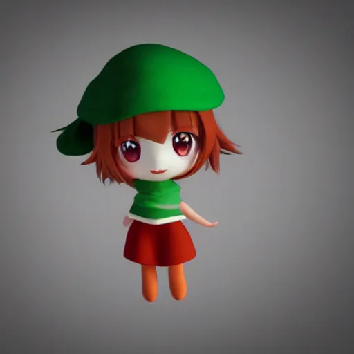 Image similar to cute fumo plush of a girl with a green cap, vray