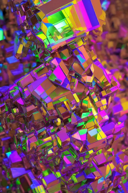 Image similar to a multicolored bismuth golem, an abstract sculpture by ryusei kishida, polycount, crystal cubism, angular, iridescent, made of crystals : : extremely high details, masterpiece, photorealistic, hyperrealism, vray, octane render, volumetric lighting, depth of field, bokeh, artstation, cgsociety