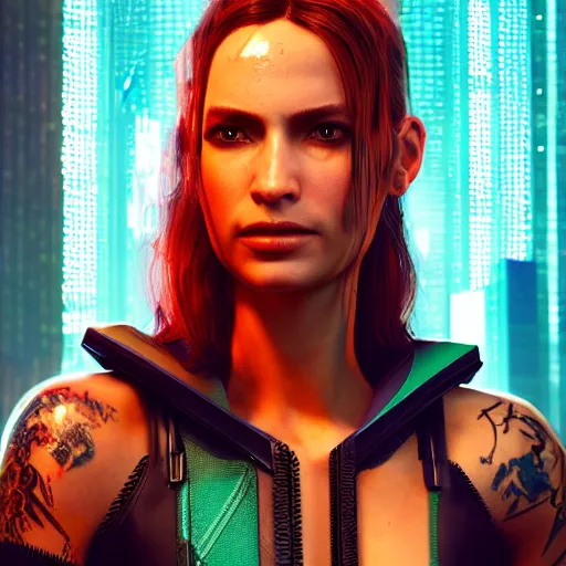 Image similar to rachel wise portrait, Cyberpunk 2077, cyberpsycho, photorealistic, ultra detailed, neon, octane, bokeh, cyber, cyberpunk city, feature, scars, cyberface, 8k