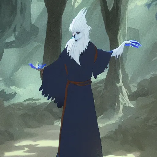 Image similar to concept art painting of an anthropomorphic humanoid white raven wearing dark blue robes, in the deep forest, realistic, detailed, cel shaded, in the style of makoto shinkai and greg rutkowski and james gurney