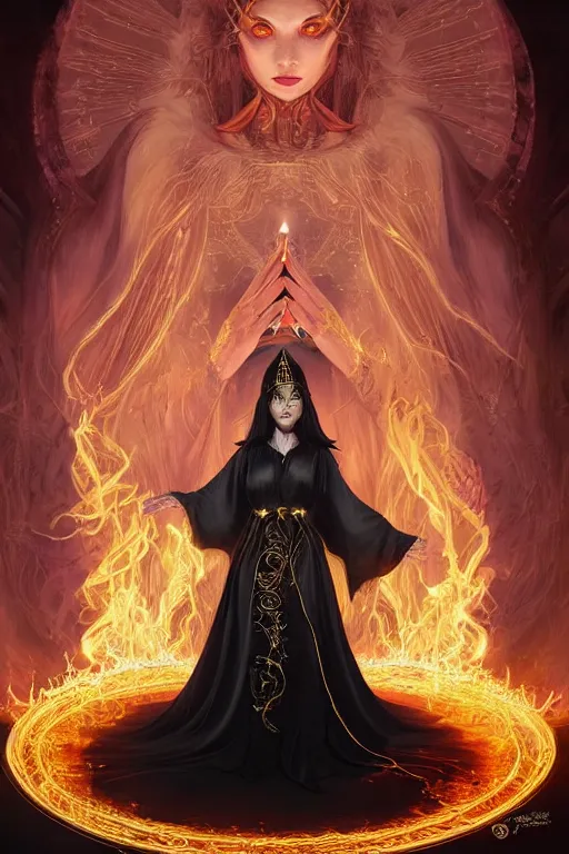 Prompt: a sorceress wearing a black robe with gold embroidery, sitting at table, casting a spell, glowing colored flames, painted by artgerm and tom bagshaw, in the style of magic the gathering, highly detailed digital art